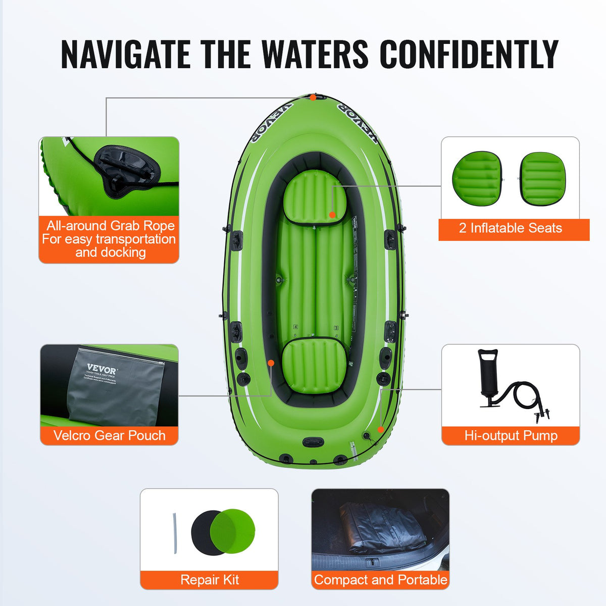 Inflatable Boat, 4-Person Inflatable Fishing Boat, Strong PVC Portable Boat Raft Kayak, 1158mm Aluminum Oars, V952-YCK4RK00000087X5RV0