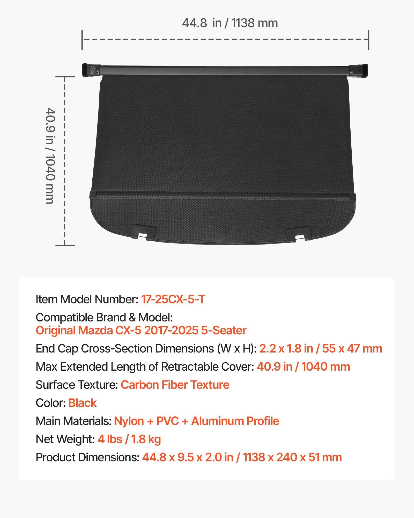 Retractable Cargo Cover, Upgraded Carbon Fiber Texture Trunk Cover, Anti-Peeping Luggage Privacy Shield, Easy V952-YCKSSSHCGYCK0ZFO1001V0