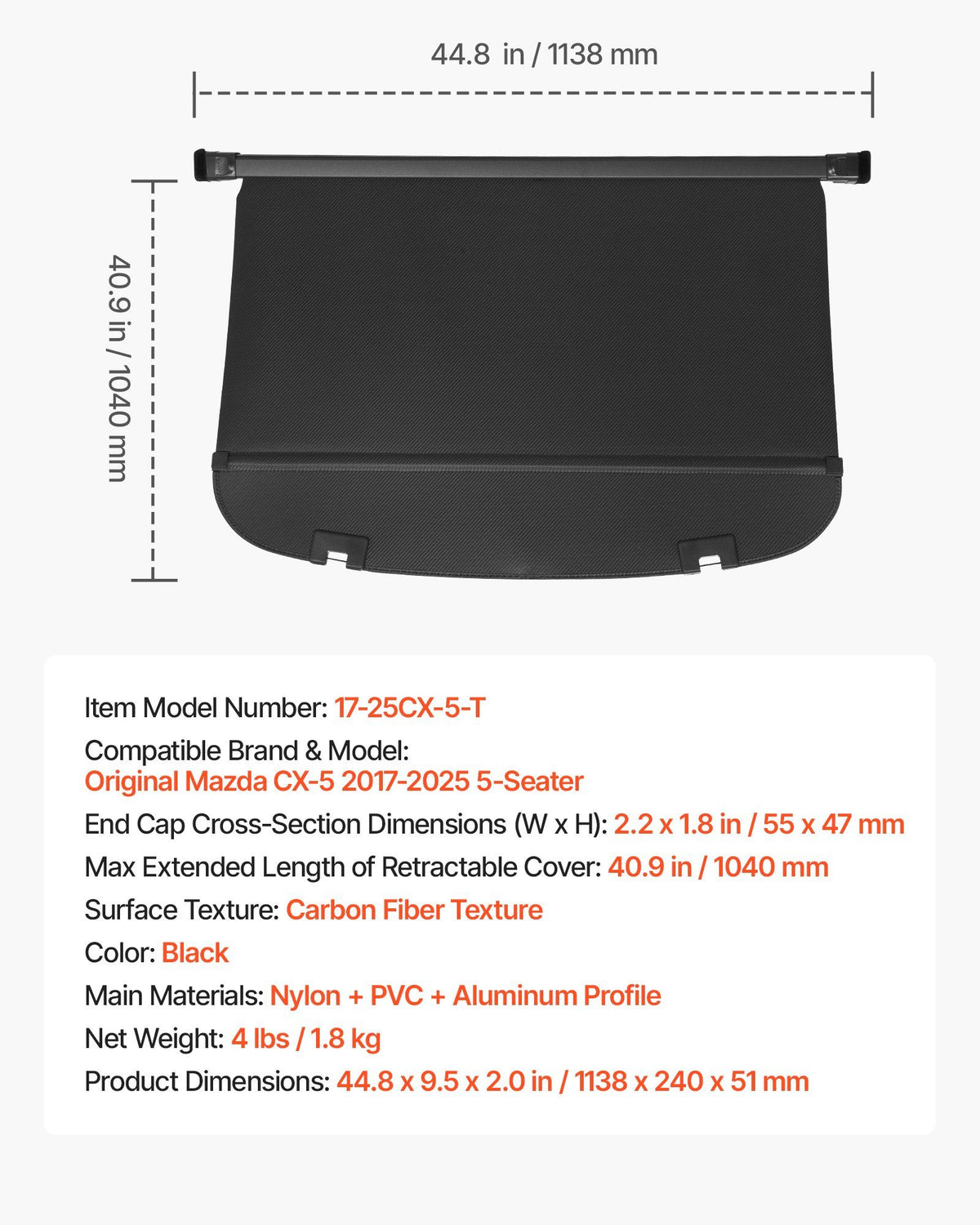 Retractable Cargo Cover, Upgraded Carbon Fiber Texture Trunk Cover, Anti-Peeping Luggage Privacy Shield, Easy V952-YCKSSSHCGYCK0ZFO1001V0