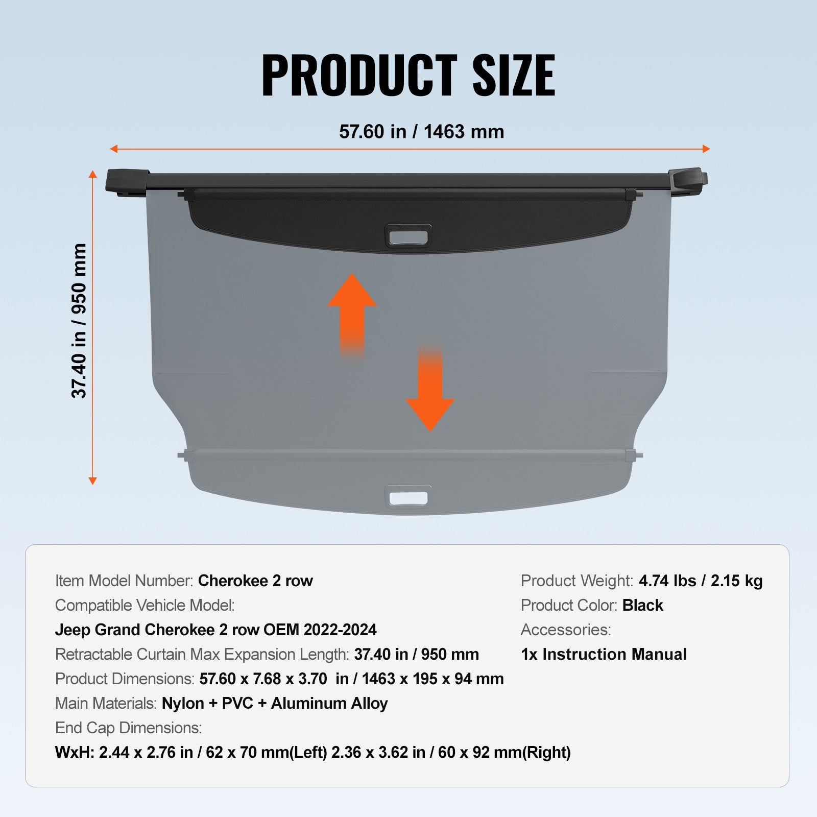 Retractable Cargo Cover for Jeep Grand Cherokee 2 Row 2022-2024 OEM Design V952-YCKSSSHCGYCK7IFY2V0