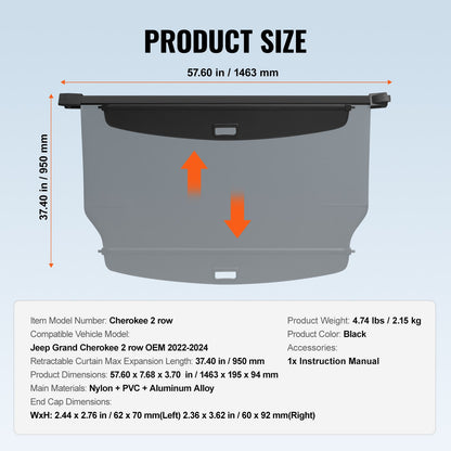 Retractable Cargo Cover for Jeep Grand Cherokee 2 Row 2022-2024 OEM Design V952-YCKSSSHCGYCK7IFY2V0