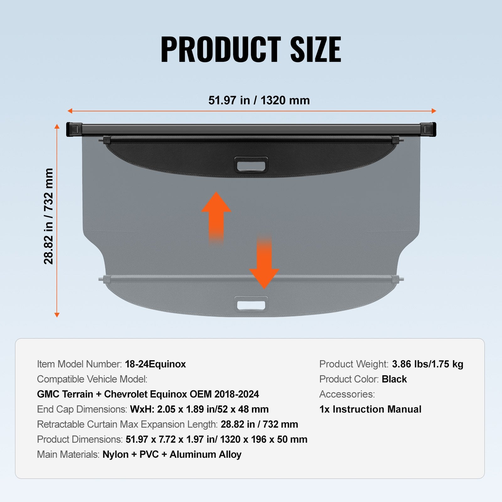 Retractable Cargo Cover for GMC Terrain + Chevrolet Equinox 2018-2024 V952-YCKSSSHCGYCKRKCRGV0