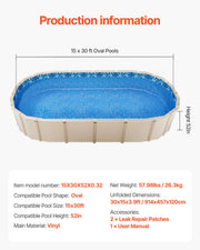 Oval Pool Liner 15x30ft Unibead Style Pool Liner 52in Wall Height V952-YCNCOVAL15308LIUBV0