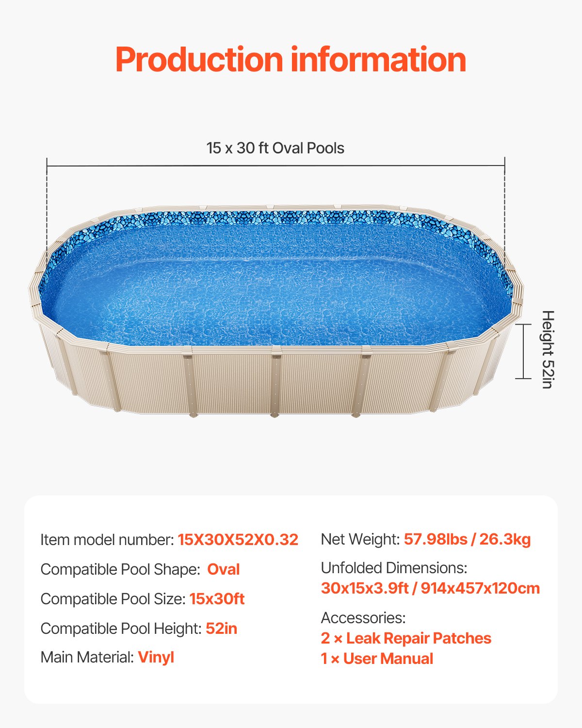 Oval Pool Liner 15x30ft Unibead Style Pool Liner 52in Wall Height V952-YCNCOVAL15308LIUBV0