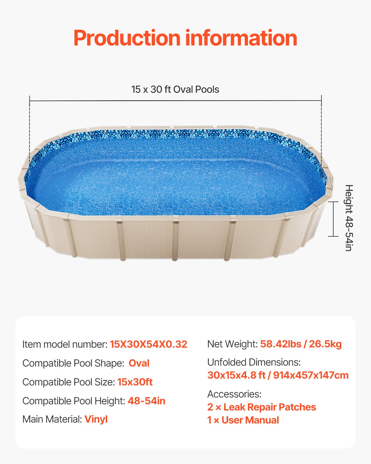 Oval Pool Liner 15x30ft Overlap Style Pool Liner 54in Wall Height V952-YCNCOVAL15309D7RJV0