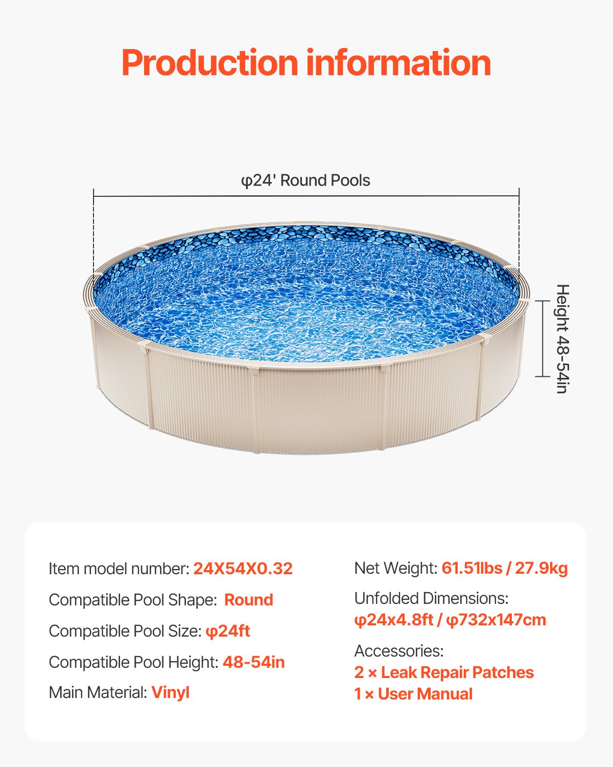 Round Pool Liner 24ft Overlap Style Pool Liner 54in Wall Height V952-YCNCROUND24F9N24HV0
