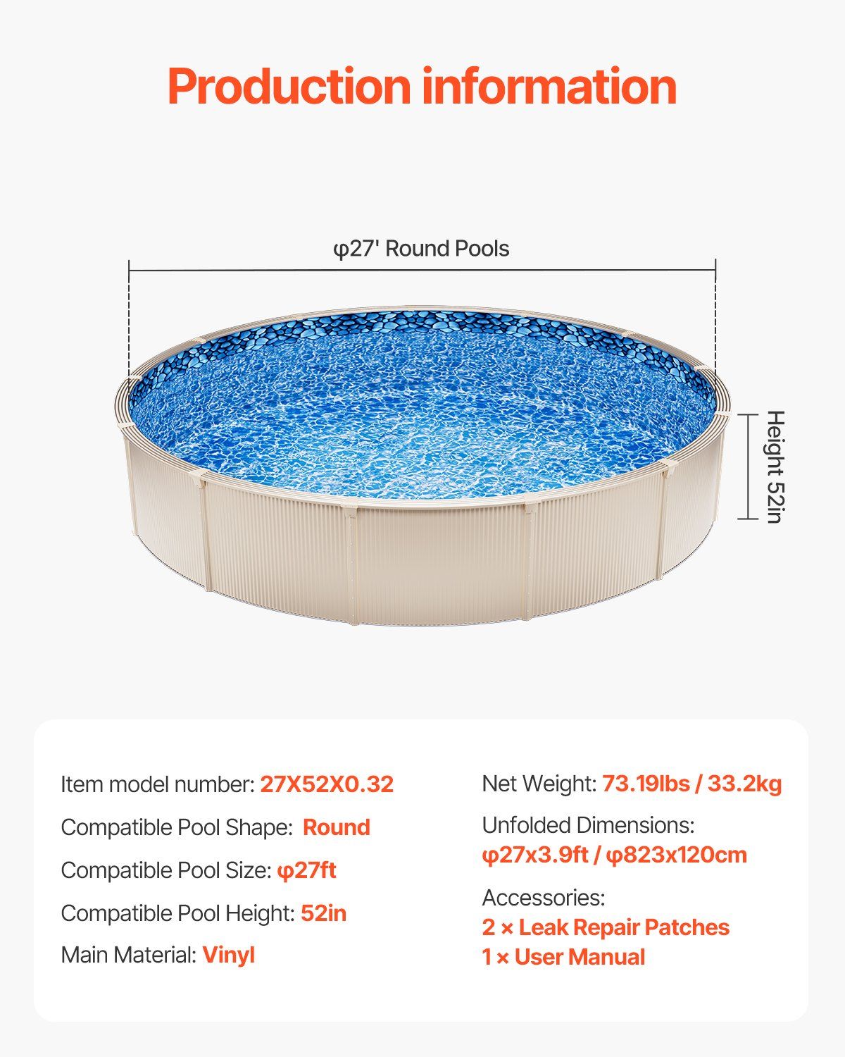 27-ft Round Above Ground Pool Liner, Unibead Pool Liners, Standard Gauge, 52inch Wall Height, Designed for V952-YCNCROUND27FS7V0CV0