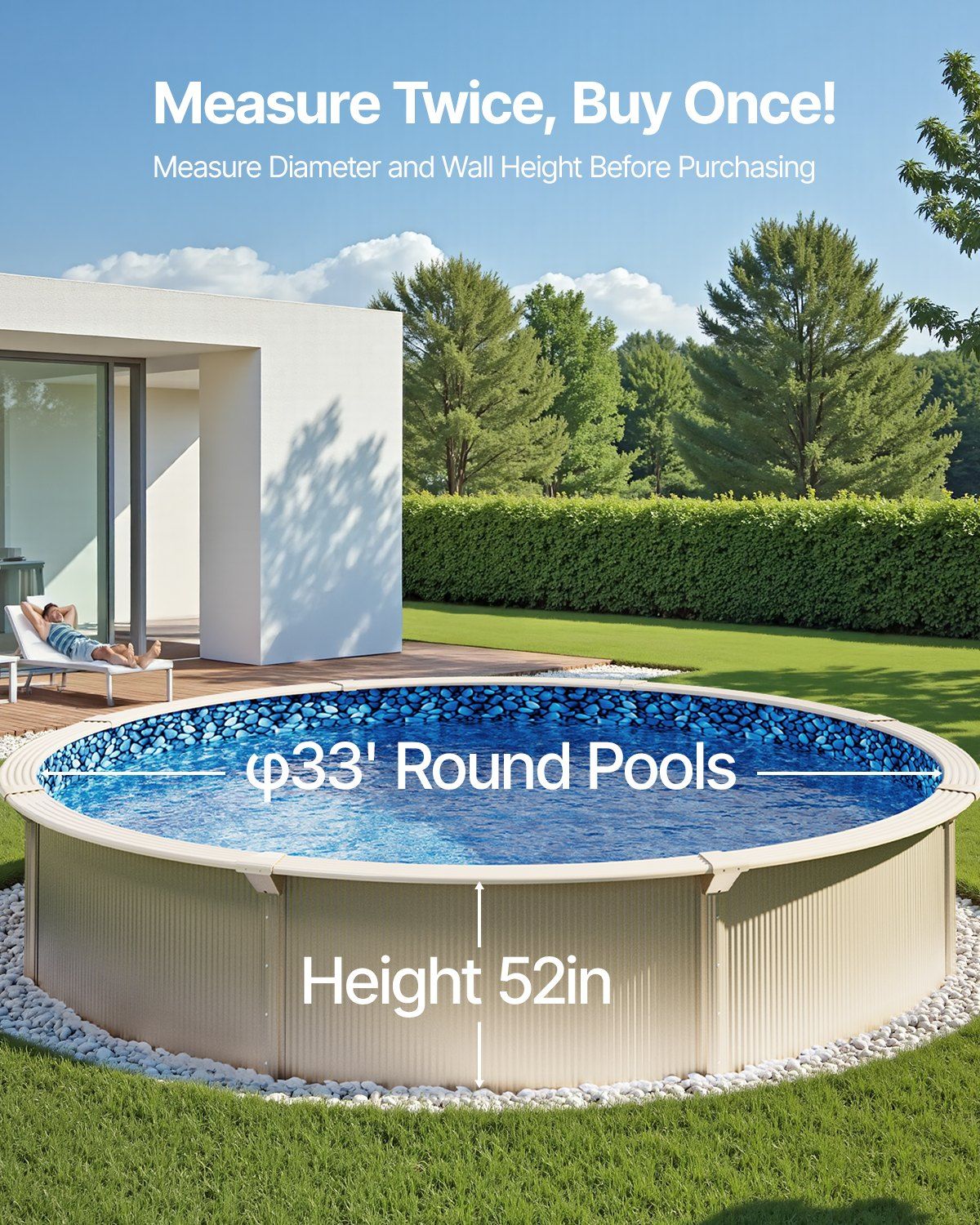 Pool Liner, 33ft Round Pool Liner, Uinbead Style, Durable Vinyl Pool Liner, Standard Gauge, 52in Wall Height, V952-YCNCROUND33F2W6ZSV0