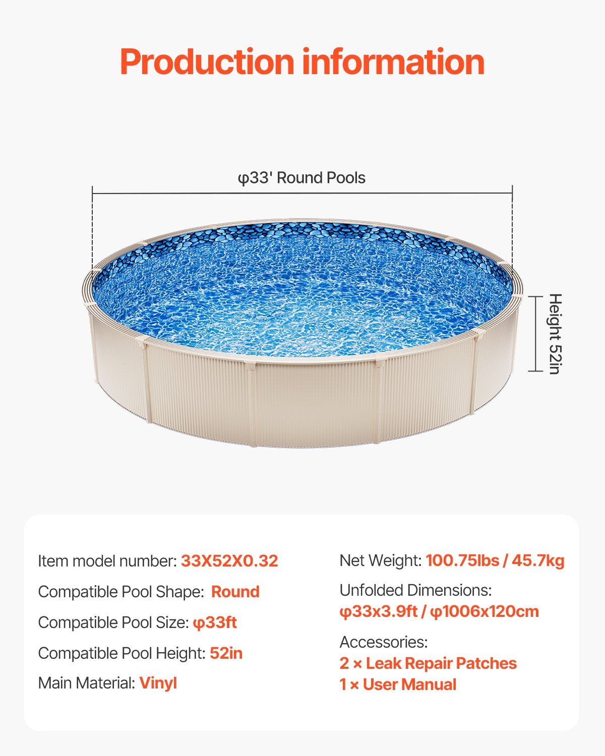Pool Liner, 33ft Round Pool Liner, Uinbead Style, Durable Vinyl Pool Liner, Standard Gauge, 52in Wall Height, V952-YCNCROUND33F2W6ZSV0