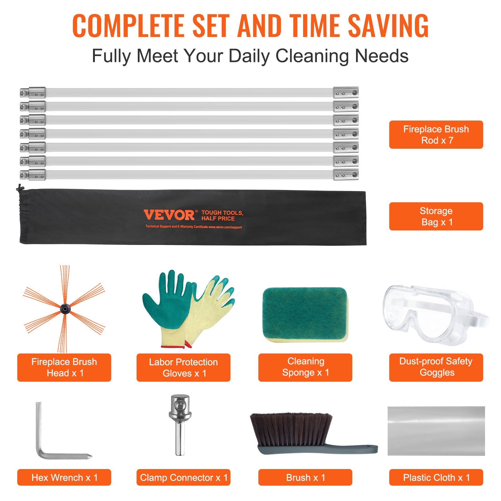 7 m Chimney Sweep Kit, w/ 7 Reinforced Nylon Flexible Rods, Ergonomic Chimney Cleaning Brush, 360-Degree V952-YCS23YC1PCS7325NNV0