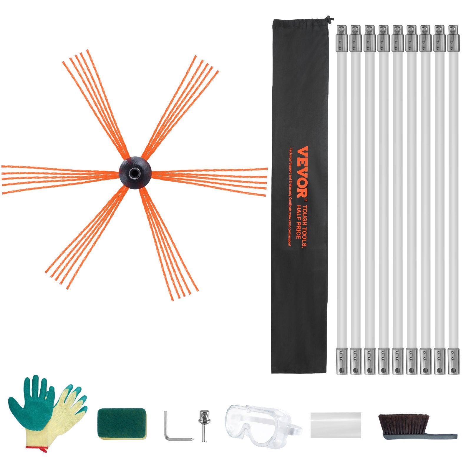 9 m Chimney Sweep Kit, w/ 9 Reinforced Nylon Flexible Rods, Ergonomic Chimney Cleaning Brush, 360-Degree V952-YCS30YC1PCS9ENFT8V0