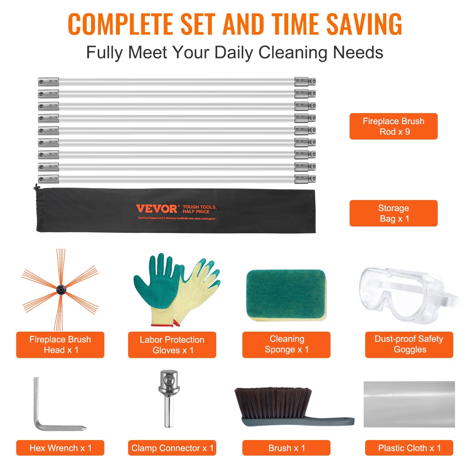 9 m Chimney Sweep Kit, w/ 9 Reinforced Nylon Flexible Rods, Ergonomic Chimney Cleaning Brush, 360-Degree V952-YCS30YC1PCS9ENFT8V0