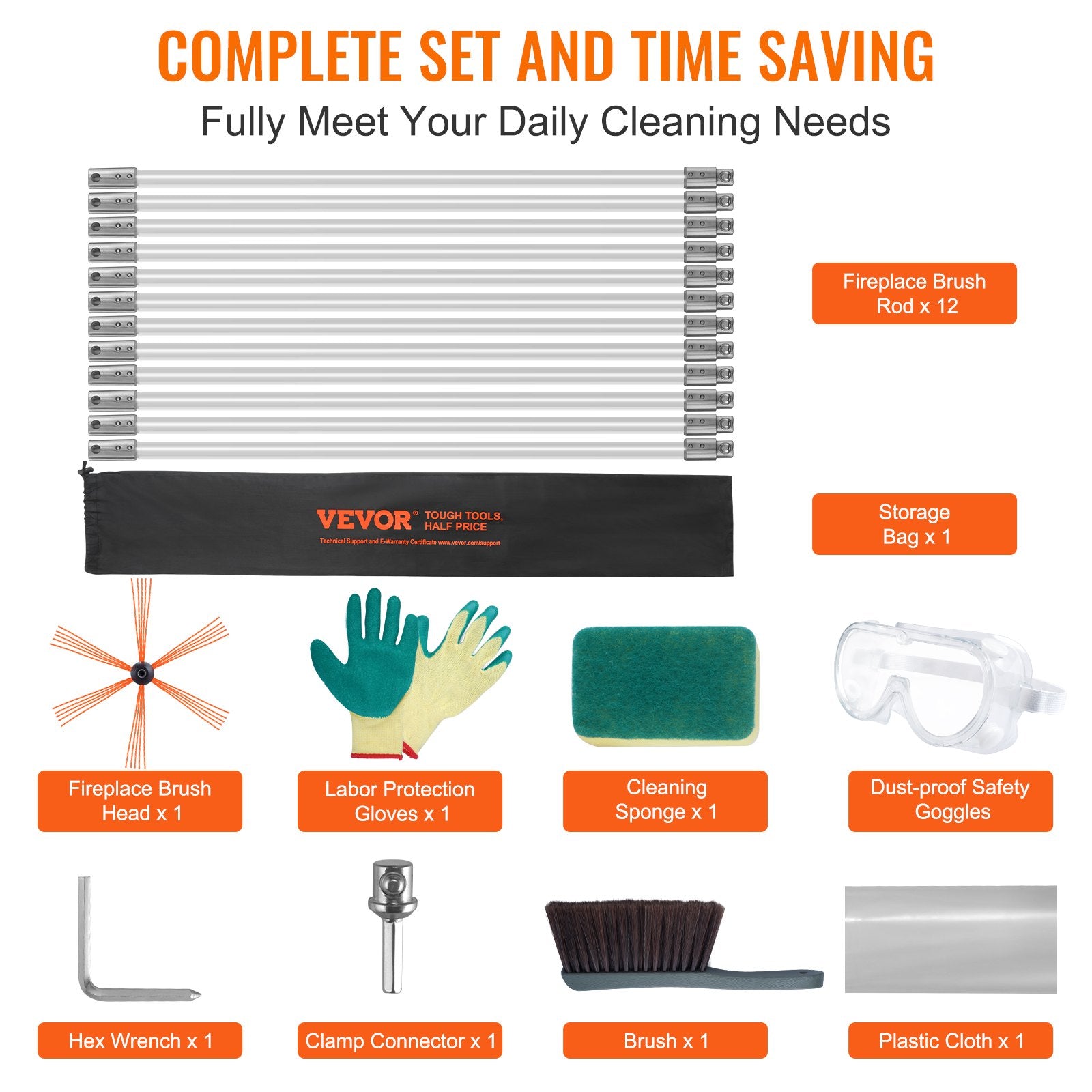 12 m Chimney Sweep Kit, w/ 12 Reinforced Nylon Flexible Rods, Ergonomic Chimney Cleaning Brush, 360-Degree V952-YCS39YC1PCS1SWX6XV0