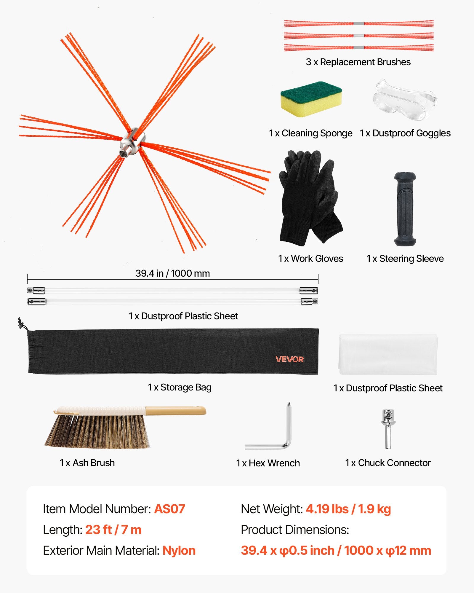 Chimney Sweep Kit, 7m Maximum Extendable Length Chimney Brush, Chimneys Cleaning Kit with Bristle V952-YCSQSTJ23YC1697WZ001V0