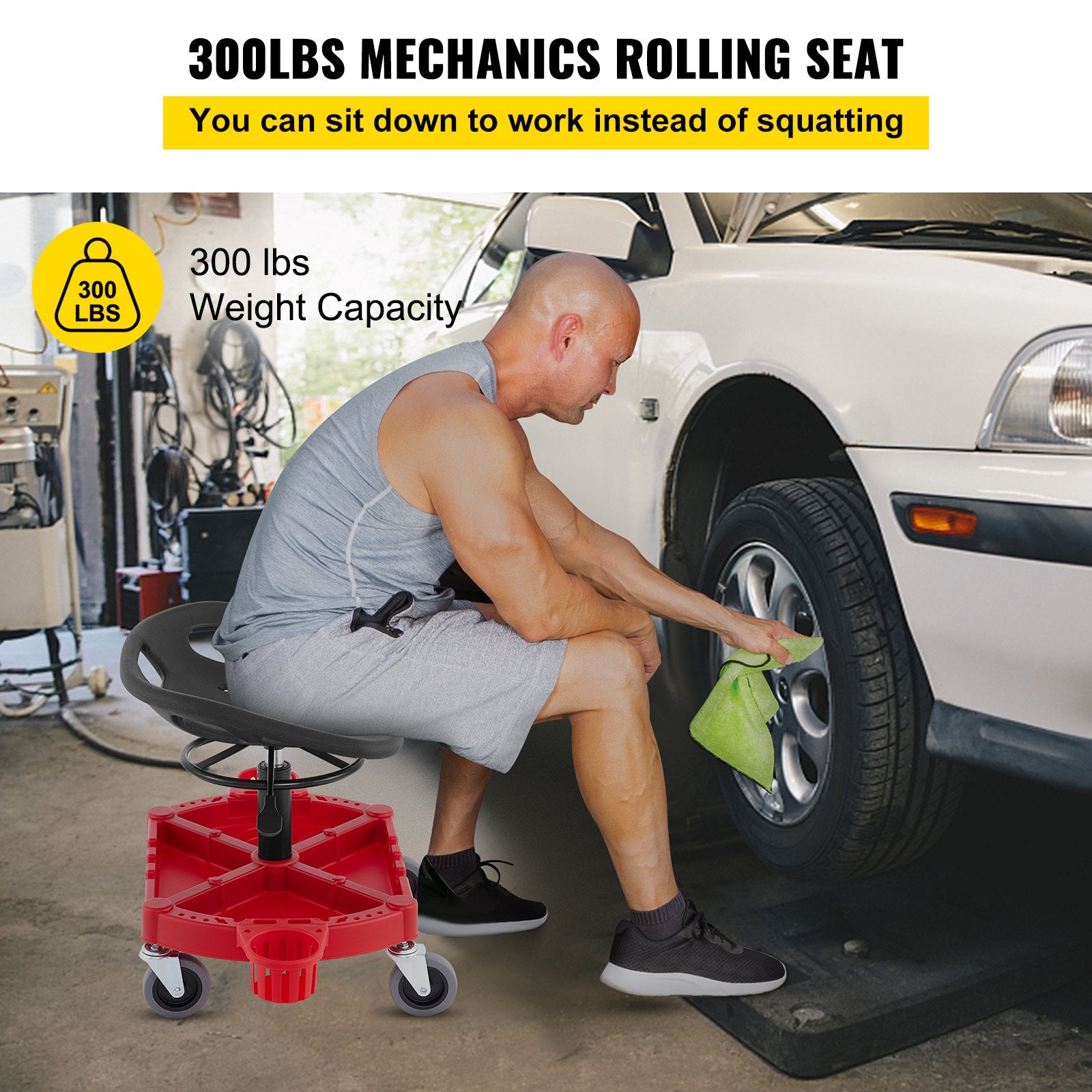 Rolling Garage Stool, 300LBS Capacity, Adjustable Height from 18 in to 23 in, 360-degree Swivel Wheels (4""), V952-YCTYXAPJYL4PDBZGEV0