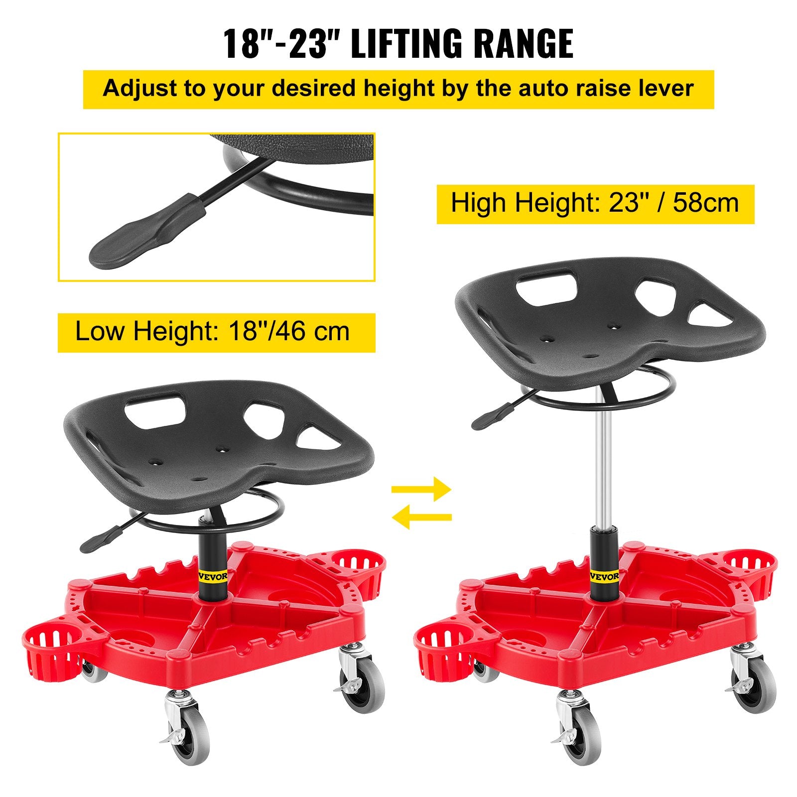 Rolling Garage Stool, 300LBS Capacity, Adjustable Height from 18 in to 23 in, 360-degree Swivel Wheels (4""), V952-YCTYXAPJYL4PDBZGEV0