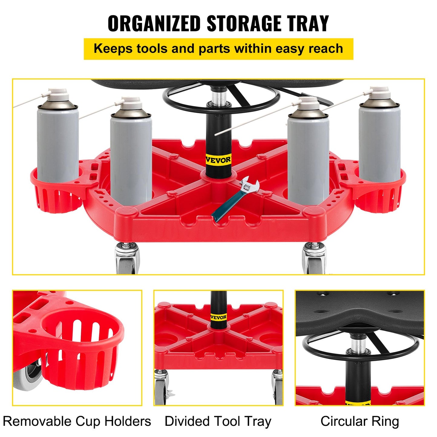 Rolling Garage Stool, 300LBS Capacity, Adjustable Height from 18 in to 23 in, 360-degree Swivel Wheels (4""), V952-YCTYXAPJYL4PDBZGEV0
