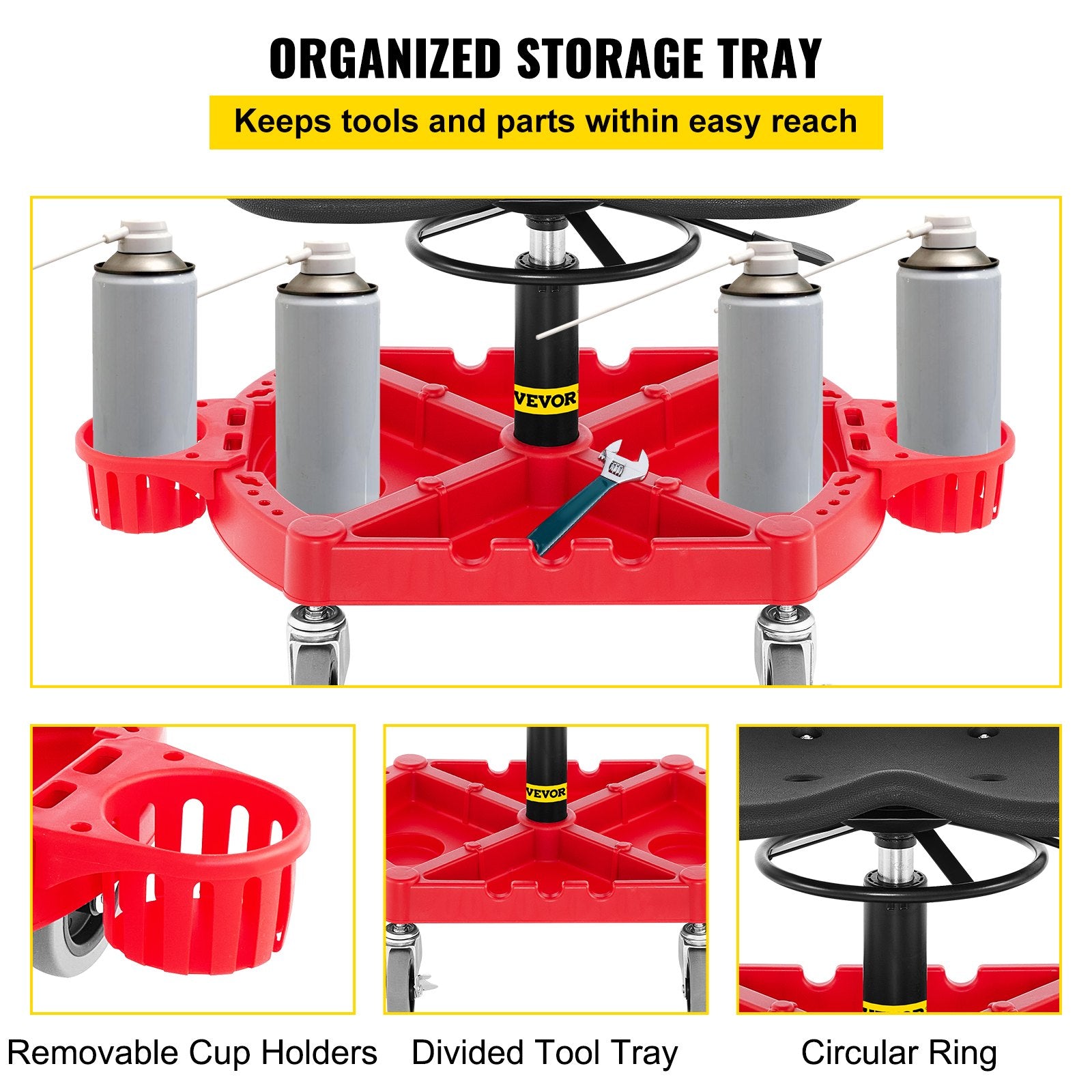 Rolling Garage Stool, 300LBS Capacity, Adjustable Height from 18 in to 23 in, 360-degree Swivel Wheels (4""), V952-YCTYXAPJYL4PDBZGEV0