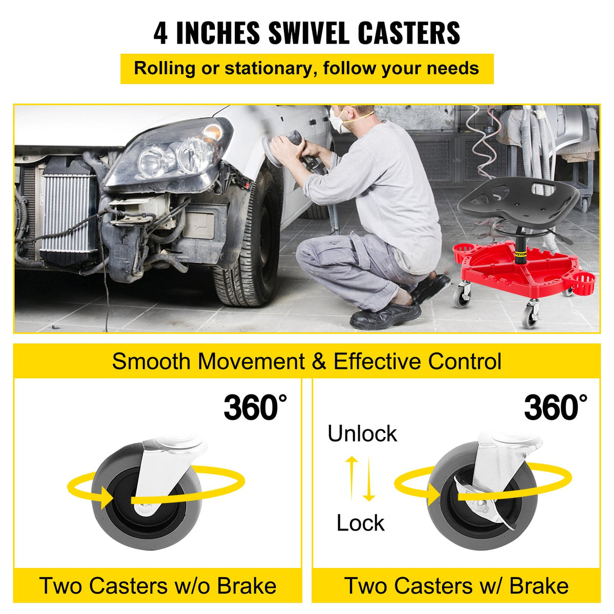 Rolling Garage Stool, 300LBS Capacity, Adjustable Height from 18 in to 23 in, 360-degree Swivel Wheels (4""), V952-YCTYXAPJYL4PDBZGEV0