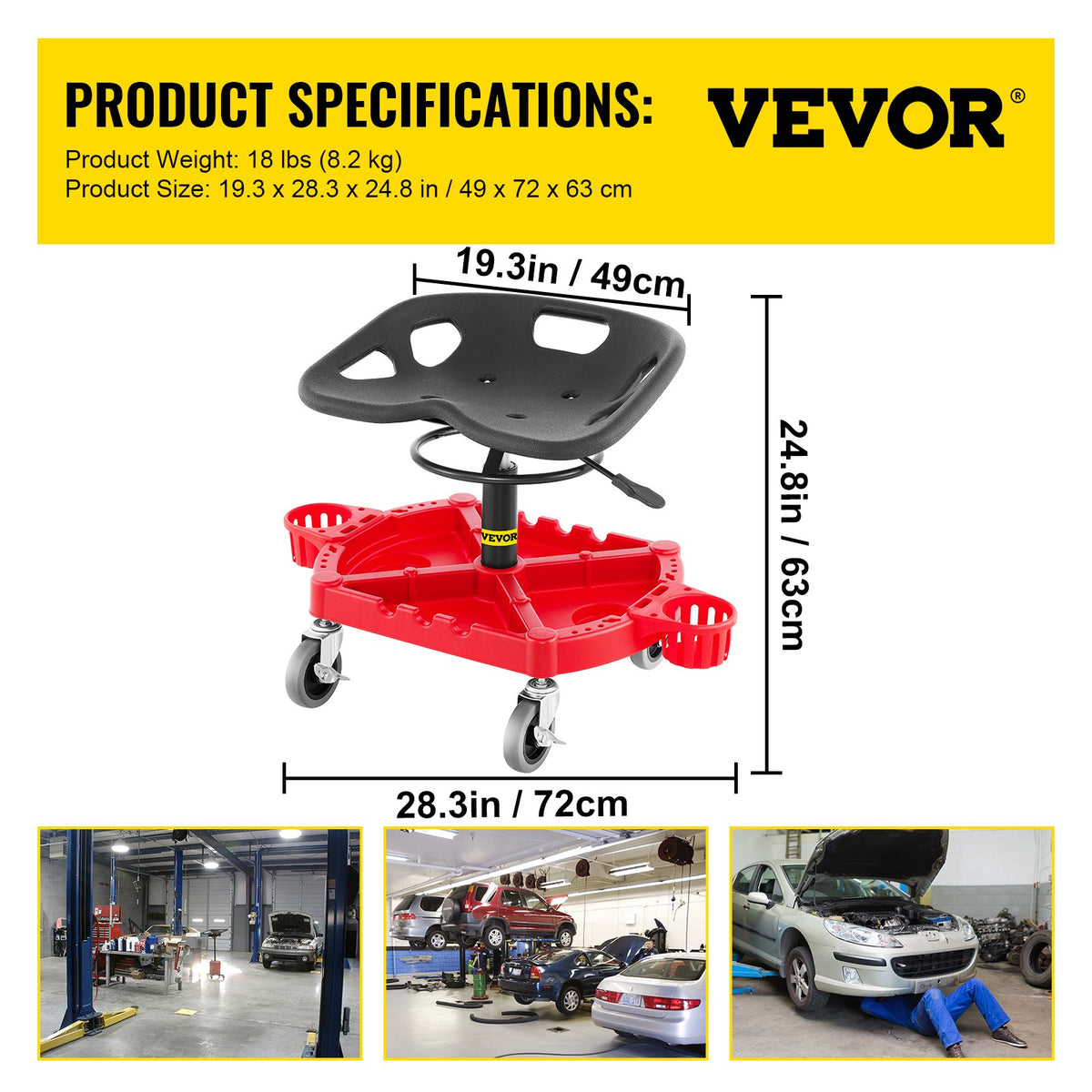 Rolling Garage Stool, 300LBS Capacity, Adjustable Height from 18 in to 23 in, 360-degree Swivel Wheels (4""), V952-YCTYXAPJYL4PDBZGEV0