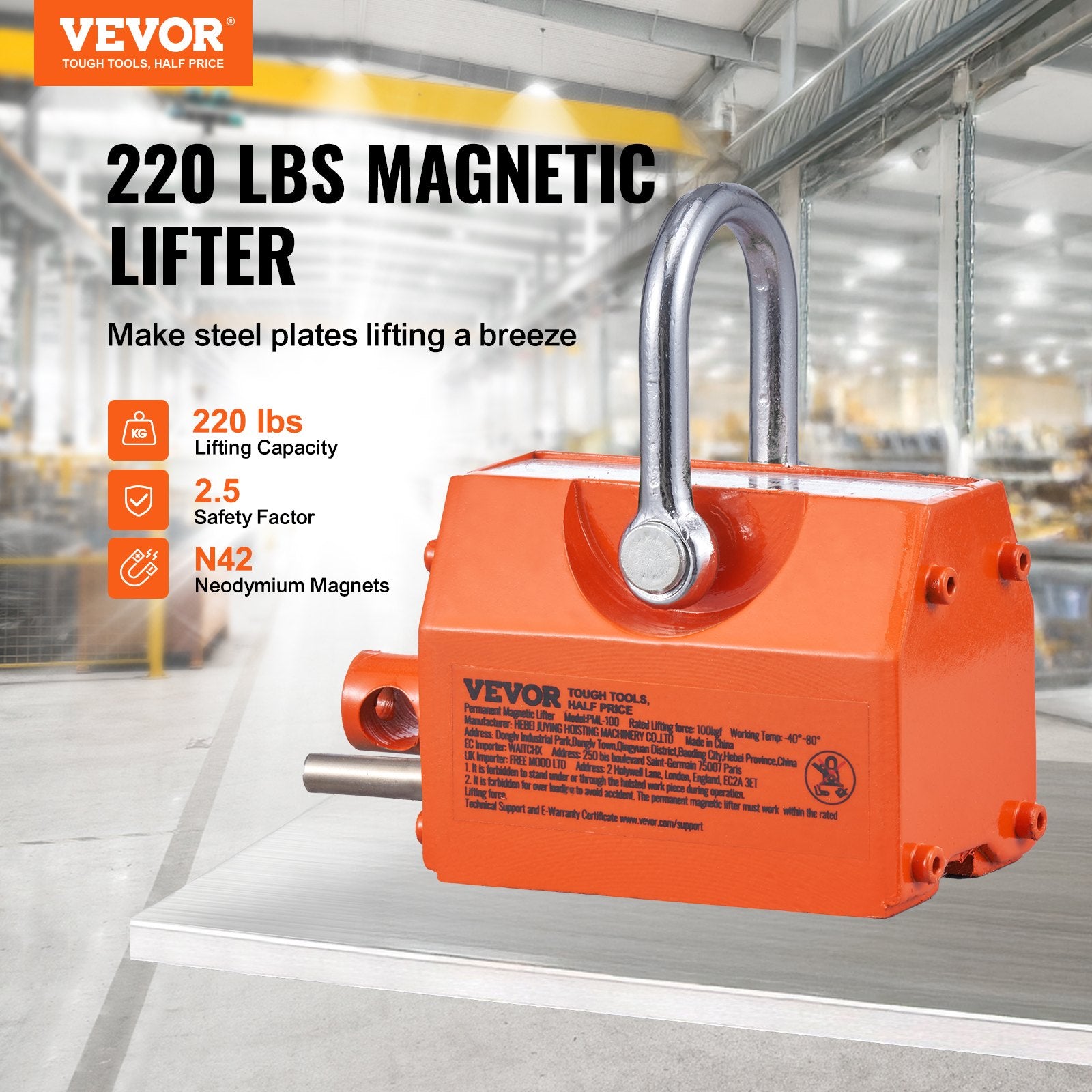 Magnetic Lifter, 100 kg/220 lbs Pulling Capacity, 2.5 Safety Factor, Neodymium & Steel, Lifting Magnet with V952-YCXPU100KGN42OJ37V0