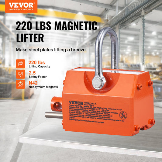 Magnetic Lifter, 100 kg/220 lbs Pulling Capacity, 2.5 Safety Factor, Neodymium & Steel, Lifting Magnet with V952-YCXPU100KGN42OJ37V0