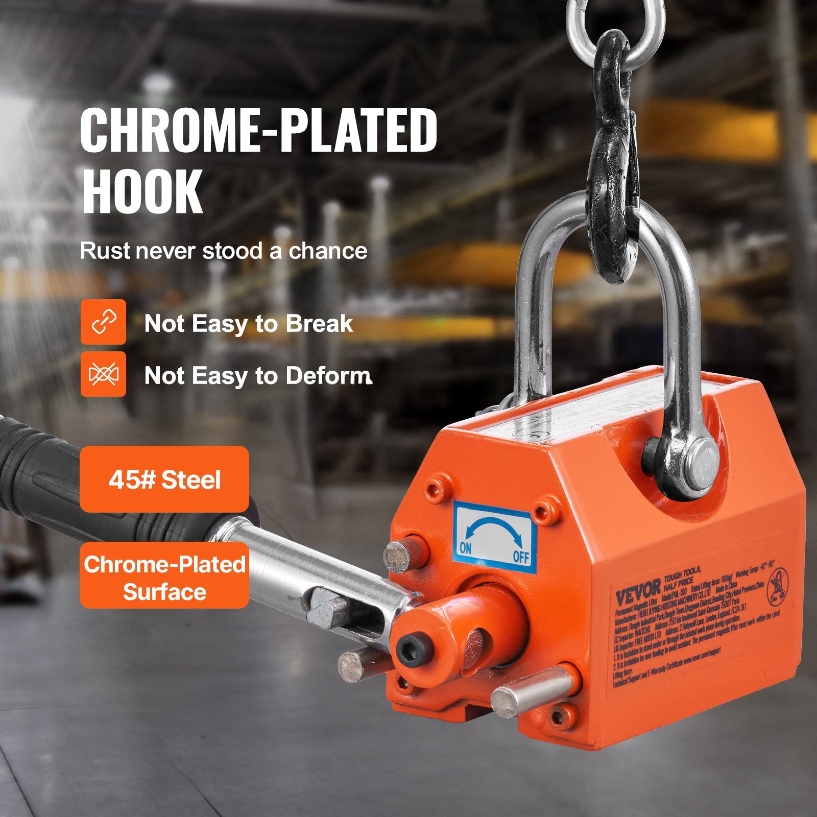 Magnetic Lifter, 100 kg/220 lbs Pulling Capacity, 2.5 Safety Factor, Neodymium & Steel, Lifting Magnet with V952-YCXPU100KGN42OJ37V0