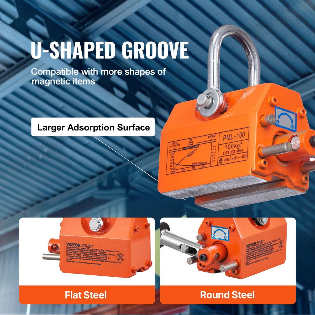 Magnetic Lifter, 100 kg/220 lbs Pulling Capacity, 2.5 Safety Factor, Neodymium & Steel, Lifting Magnet with V952-YCXPU100KGN42OJ37V0