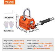Magnetic Lifter, 100 kg/220 lbs Pulling Capacity, 2.5 Safety Factor, Neodymium & Steel, Lifting Magnet with V952-YCXPU100KGN42OJ37V0
