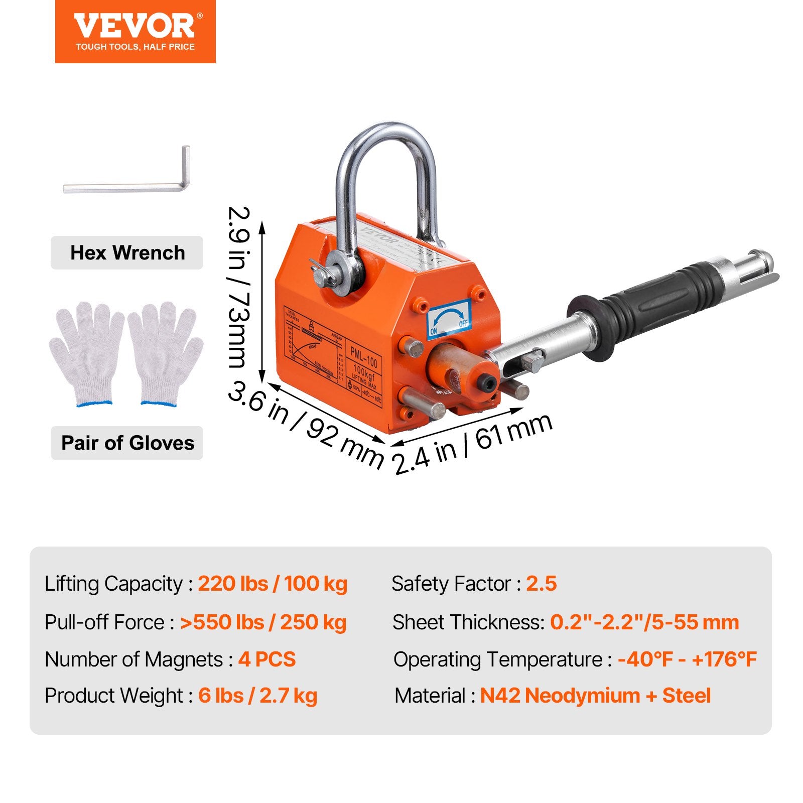 Magnetic Lifter, 100 kg/220 lbs Pulling Capacity, 2.5 Safety Factor, Neodymium & Steel, Lifting Magnet with V952-YCXPU100KGN42OJ37V0