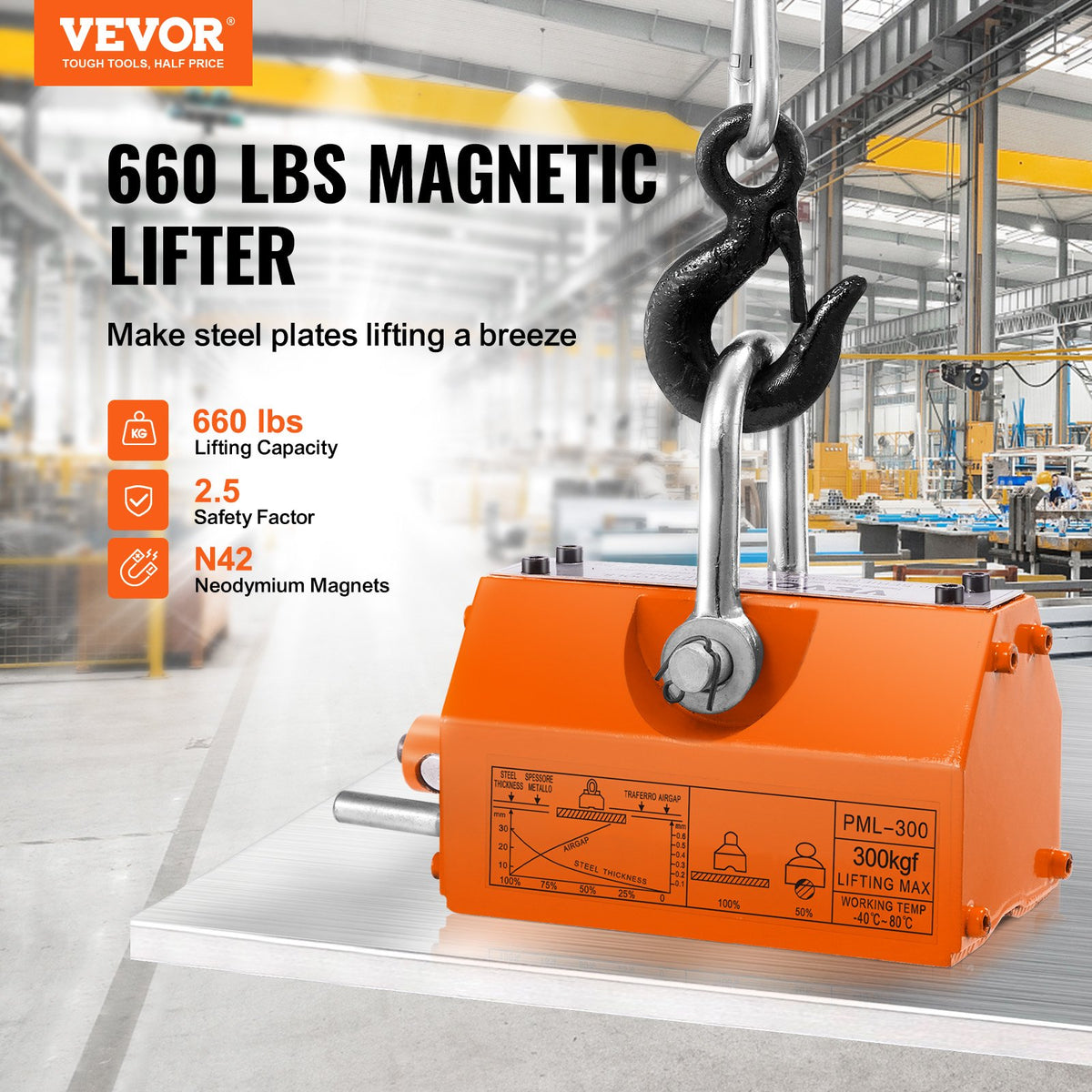 Magnetic Lifter, 300 kg Pulling Capacity, 2.5 Safety Factor, Neodymium & Steel, Lifting Magnet with Release, V952-YCXPU300KGN423Z5HV0
