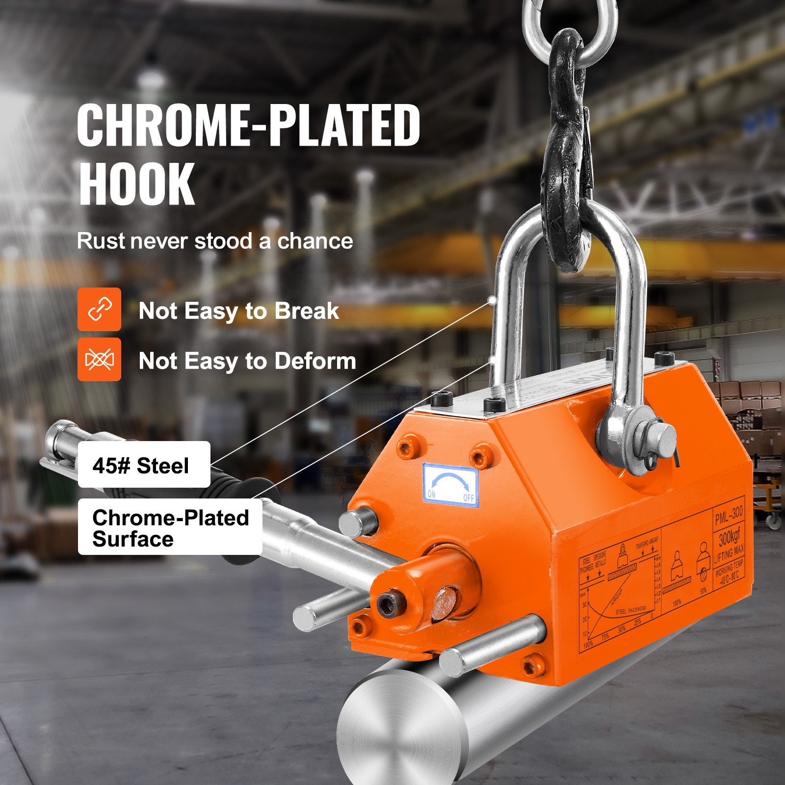 Magnetic Lifter, 300 kg Pulling Capacity, 2.5 Safety Factor, Neodymium & Steel, Lifting Magnet with Release, V952-YCXPU300KGN423Z5HV0