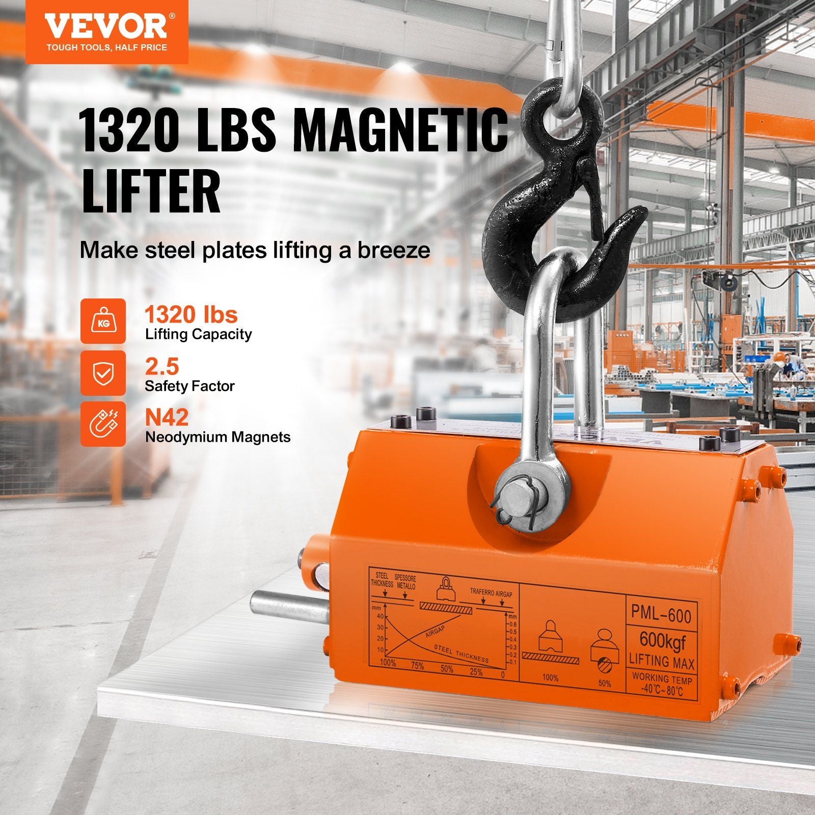 Magnetic Lifter, 600 kg Pulling Capacity, 2.5 Safety Factor, Neodymium & Steel, Lifting Magnet with Release, V952-YCXPU600KGN421P5PV0
