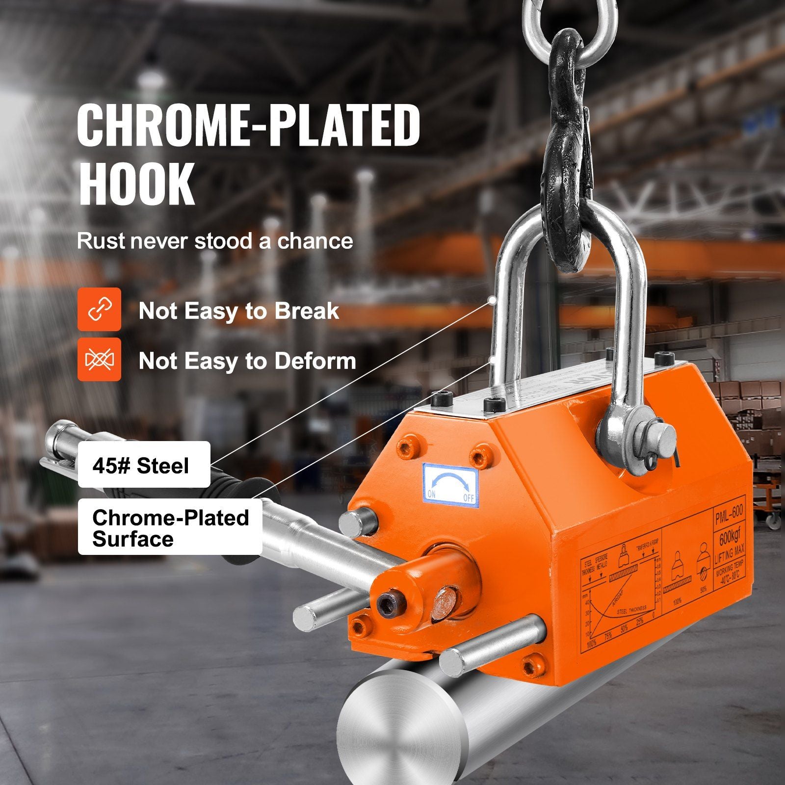 Magnetic Lifter, 600 kg Pulling Capacity, 2.5 Safety Factor, Neodymium & Steel, Lifting Magnet with Release, V952-YCXPU600KGN421P5PV0