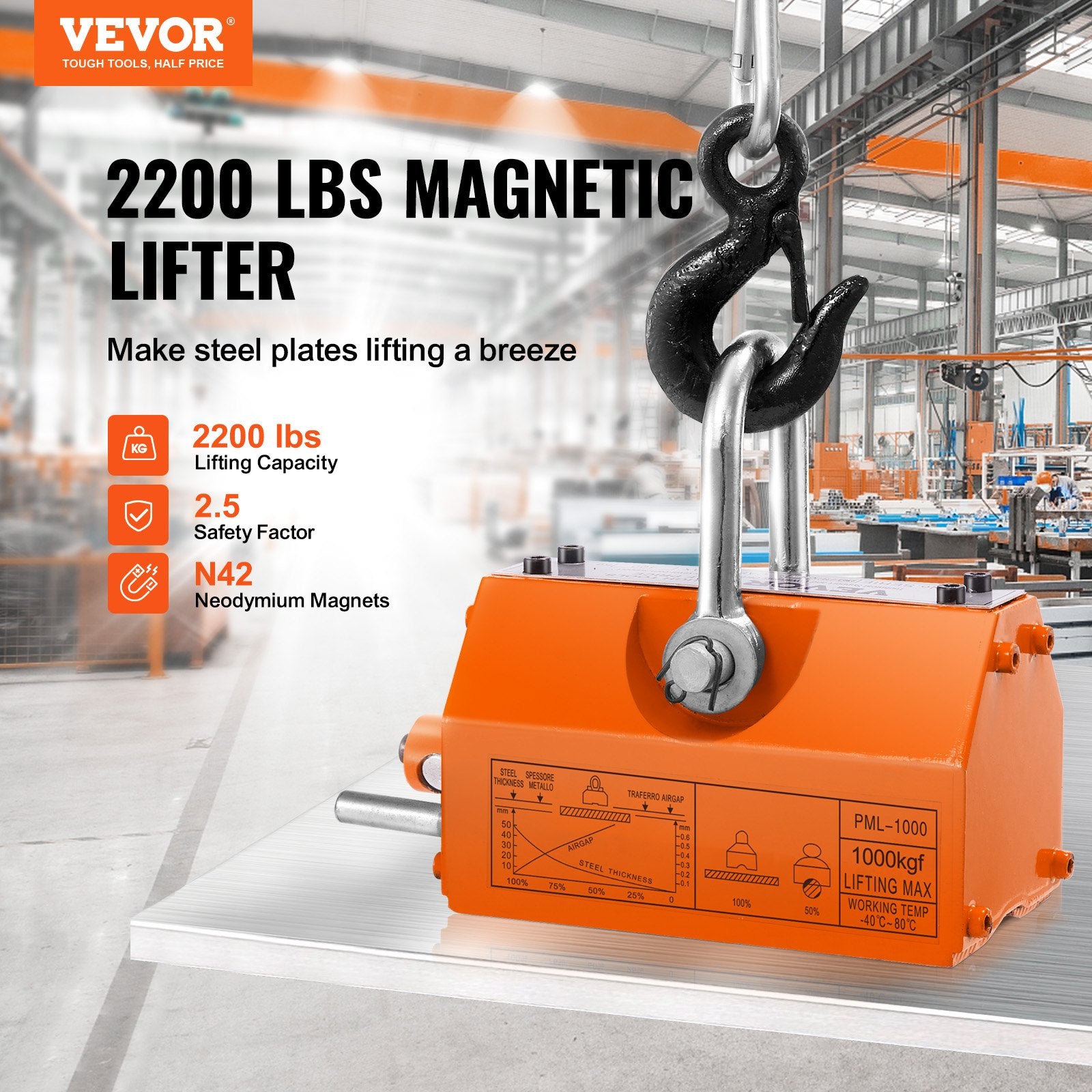 Magnetic Lifter, 1000kg Pulling Capacity, 2.5 Safety Factor, Neodymium & Steel, Lifting Magnet with Release, V952-YCXU1000KGN42DISWV0