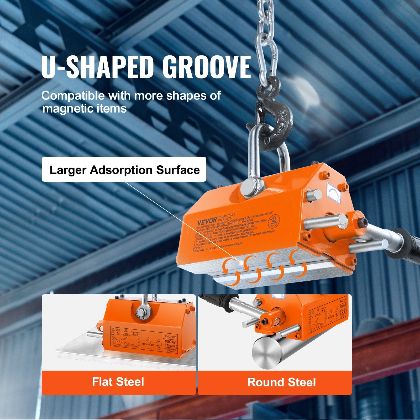 Magnetic Lifter, 1000kg Pulling Capacity, 2.5 Safety Factor, Neodymium & Steel, Lifting Magnet with Release, V952-YCXU1000KGN42DISWV0
