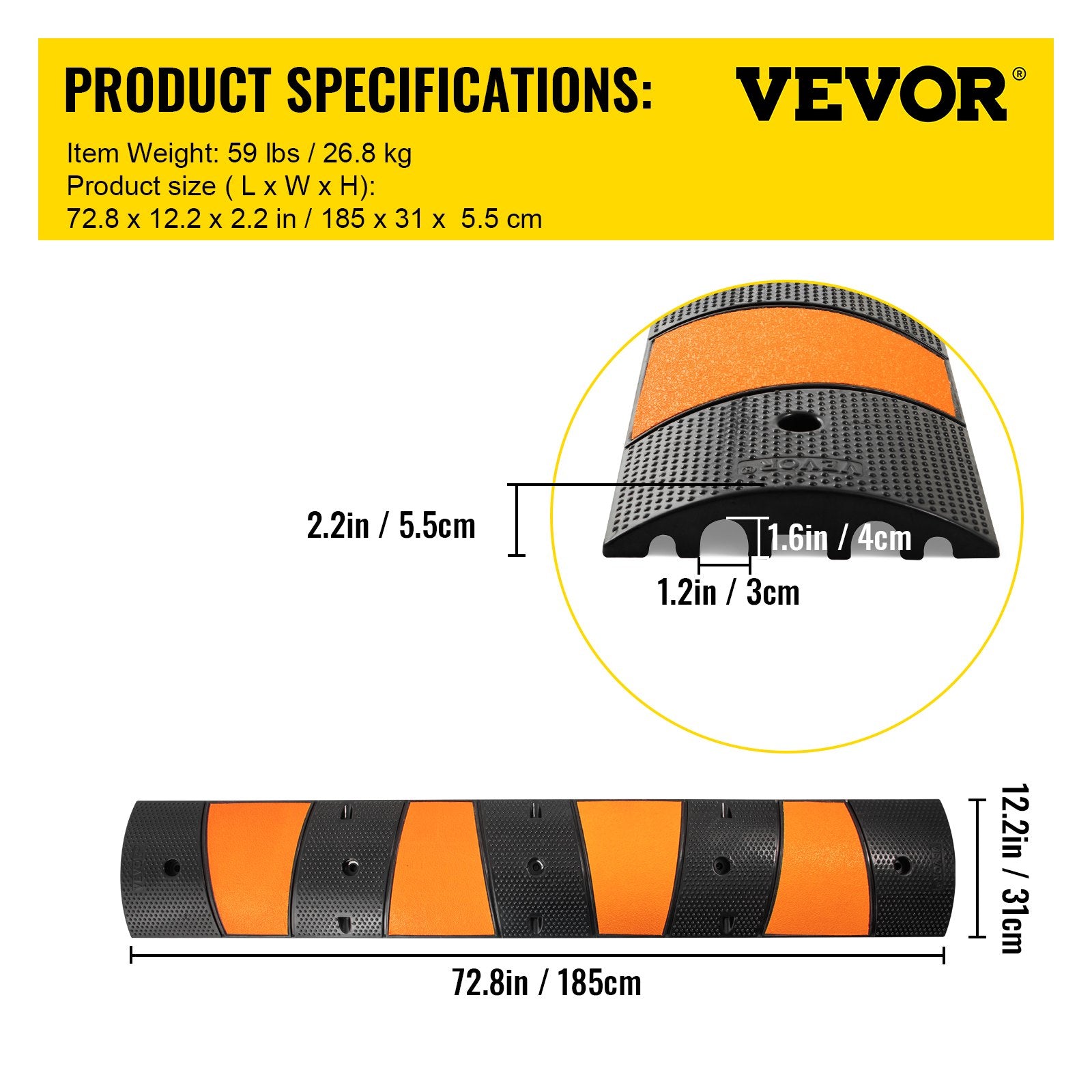 Rubber Speed Bump, 1 Pack 2 Channel Speed Bump Hump, 72"" Long Modular Speed Bump Rated 22000 LBS Loading, V952-YCZ721PCS2PCS6WA2V0