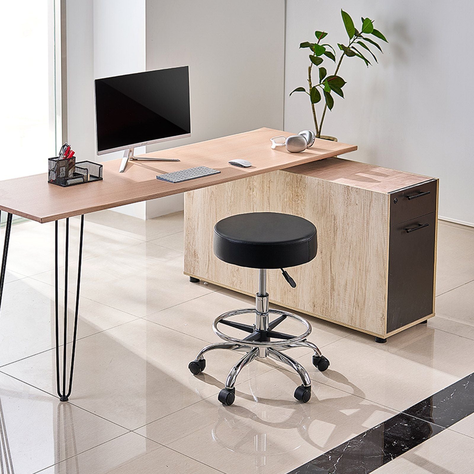 Round Rolling Stool, Leather Rolling Stool with Footrest, 360 degrees Swivel Drafting Stool with Thickened V952-YDHSJSYXWKBYJZQ2WV0