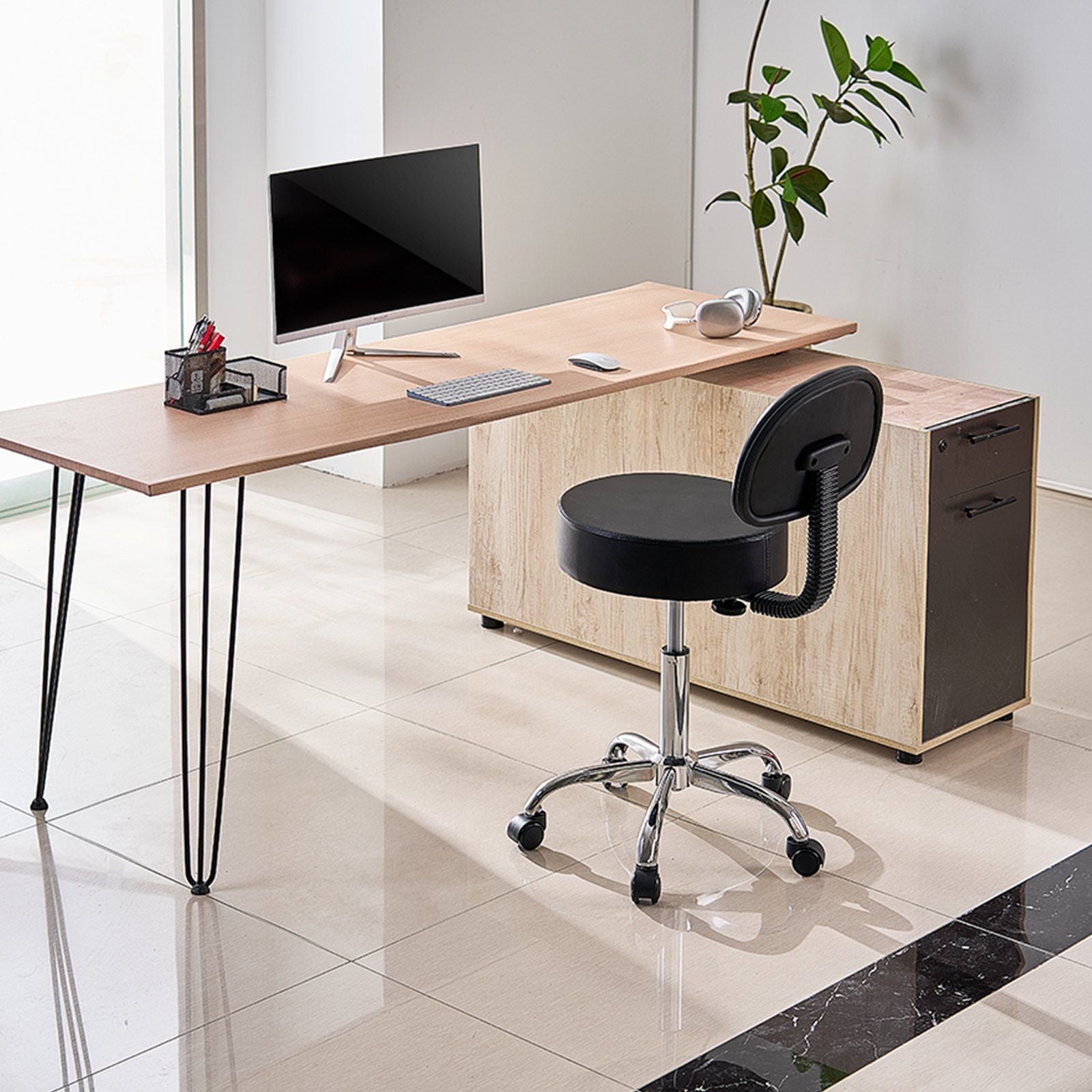 Round Rolling Stool, PU Leather Rolling Stool with Backrest, 360 degrees Swivel Drafting Stool with Thickened V952-YDHSJSYXYKBWDYI0TV0