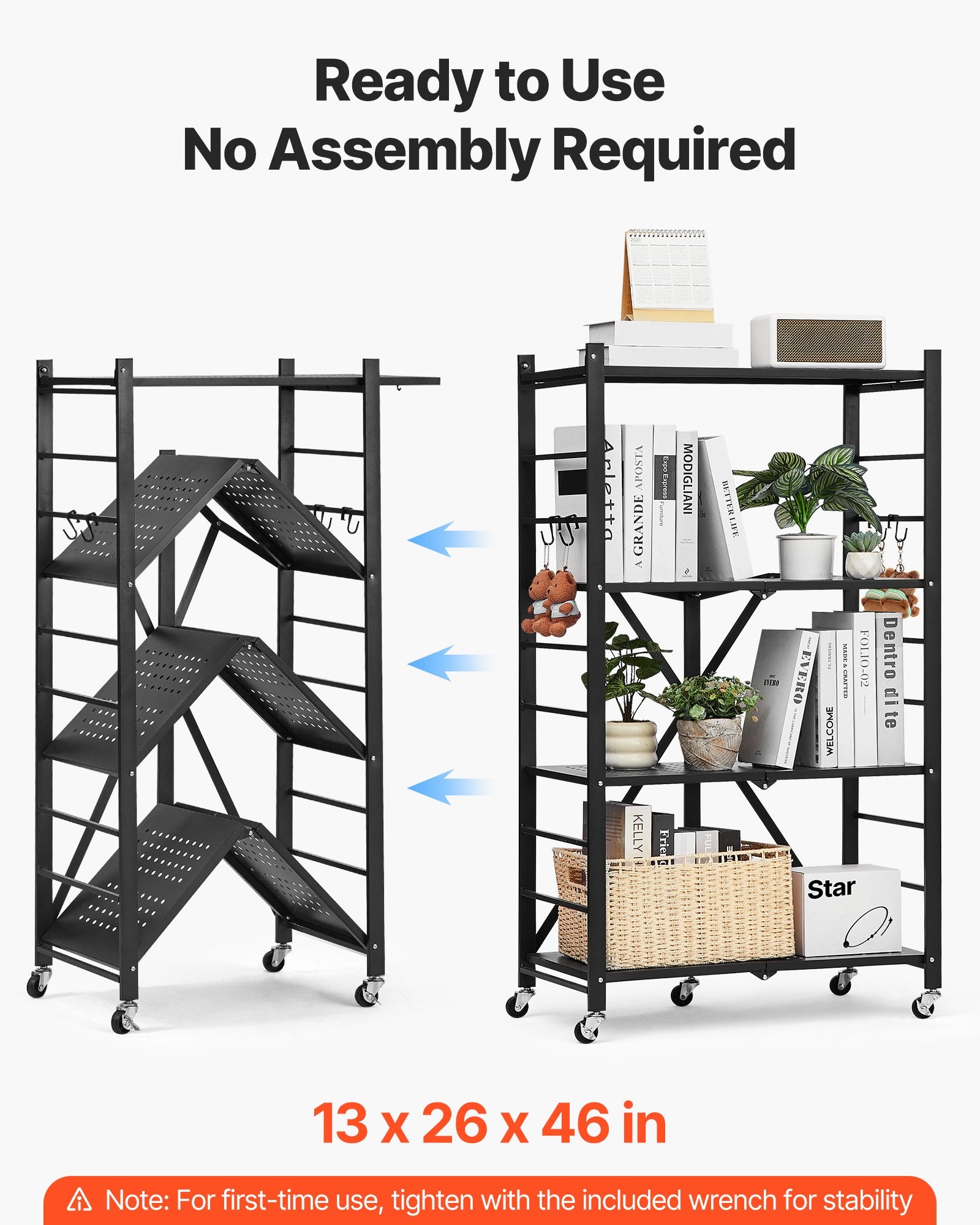 4-Tier Foldable Storage Shelf with Wheels, 66 cm W x 33 cm D x 117 cm H Folding Metal Rack Shelving Unit, No V952-YDKZDHJHS4C1GV6EX001V0