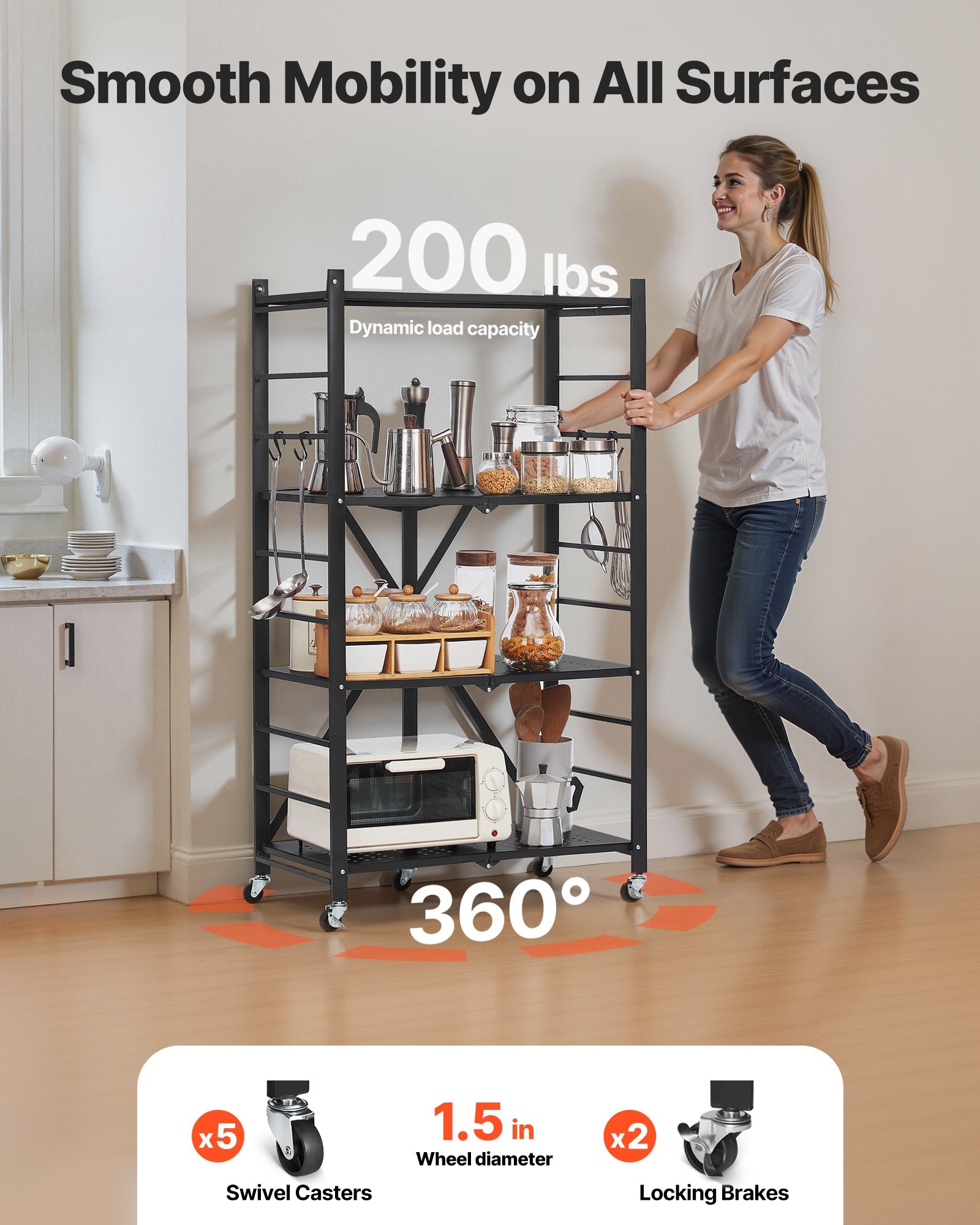 4-Tier Foldable Storage Shelf with Wheels, 66 cm W x 33 cm D x 117 cm H Folding Metal Rack Shelving Unit, No V952-YDKZDHJHS4C1GV6EX001V0