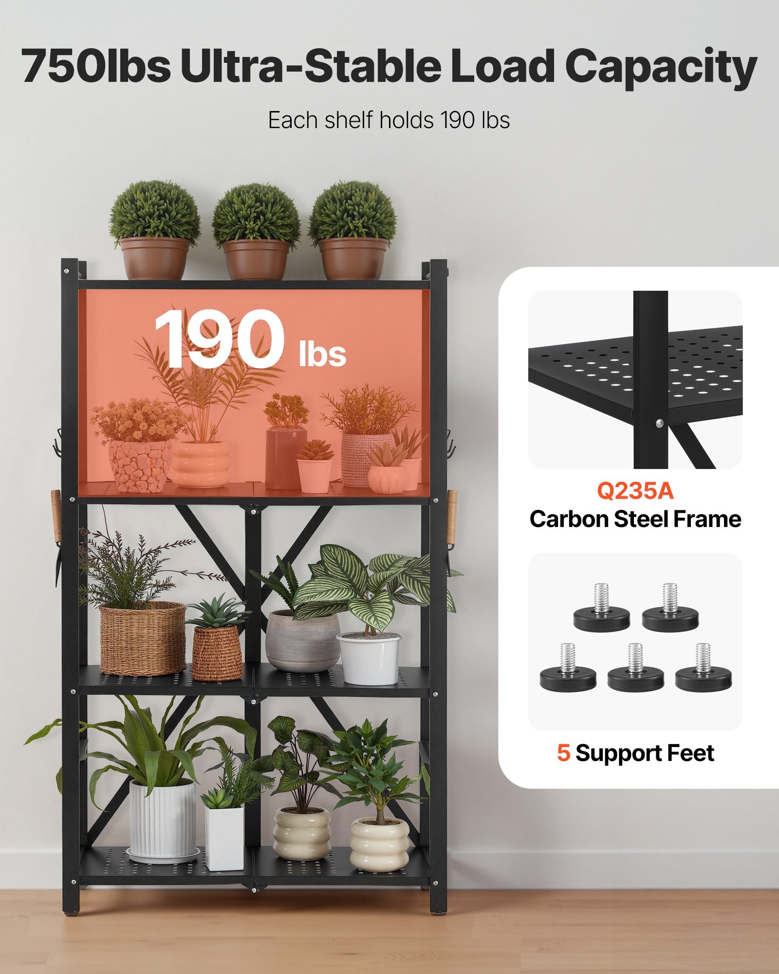 4-Tier Foldable Storage Shelf with Wheels, 66 cm W x 33 cm D x 117 cm H Folding Metal Rack Shelving Unit, No V952-YDKZDHJHS4C1GV6EX001V0