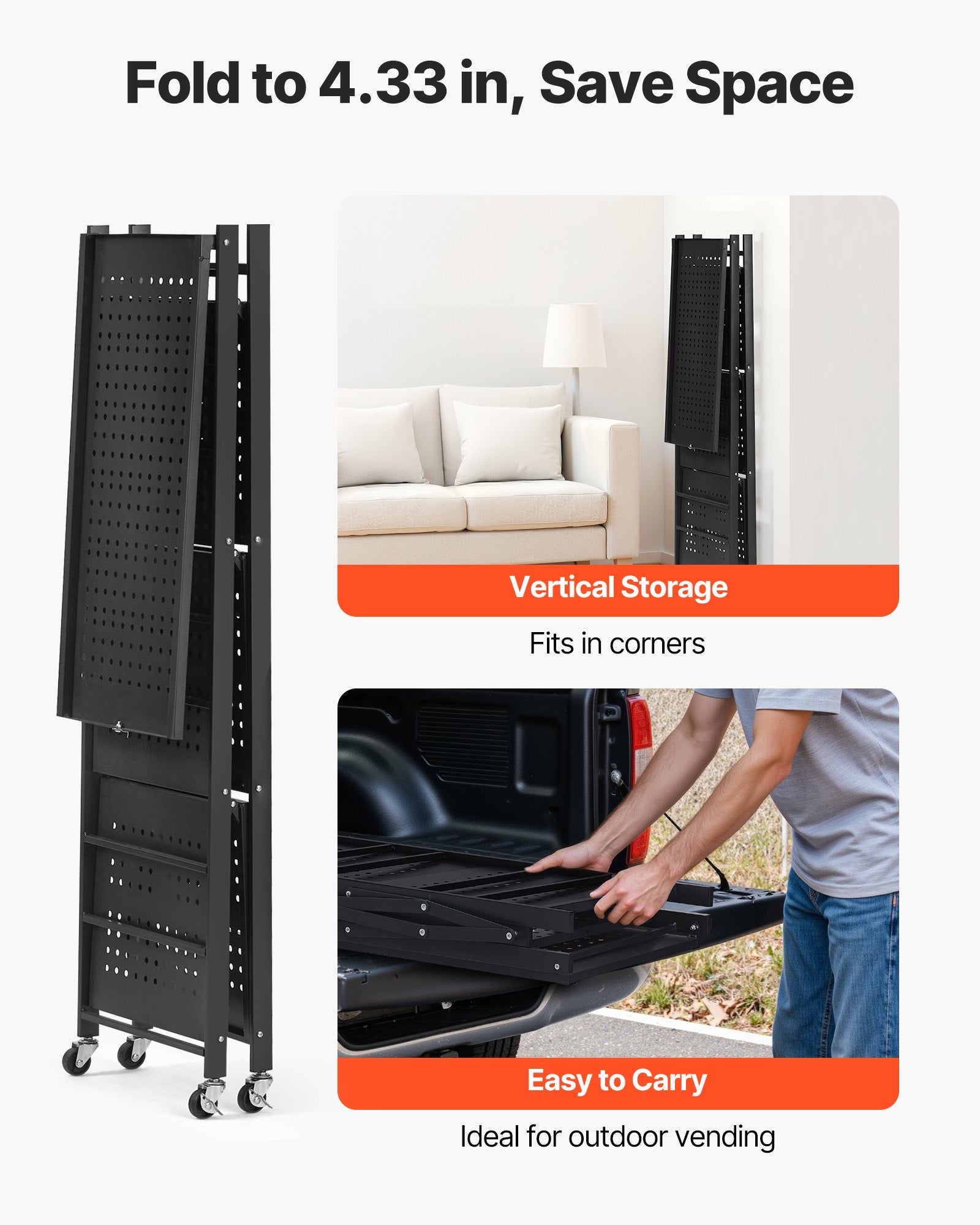 4-Tier Foldable Storage Shelf with Wheels, 66 cm W x 33 cm D x 117 cm H Folding Metal Rack Shelving Unit, No V952-YDKZDHJHS4C1GV6EX001V0