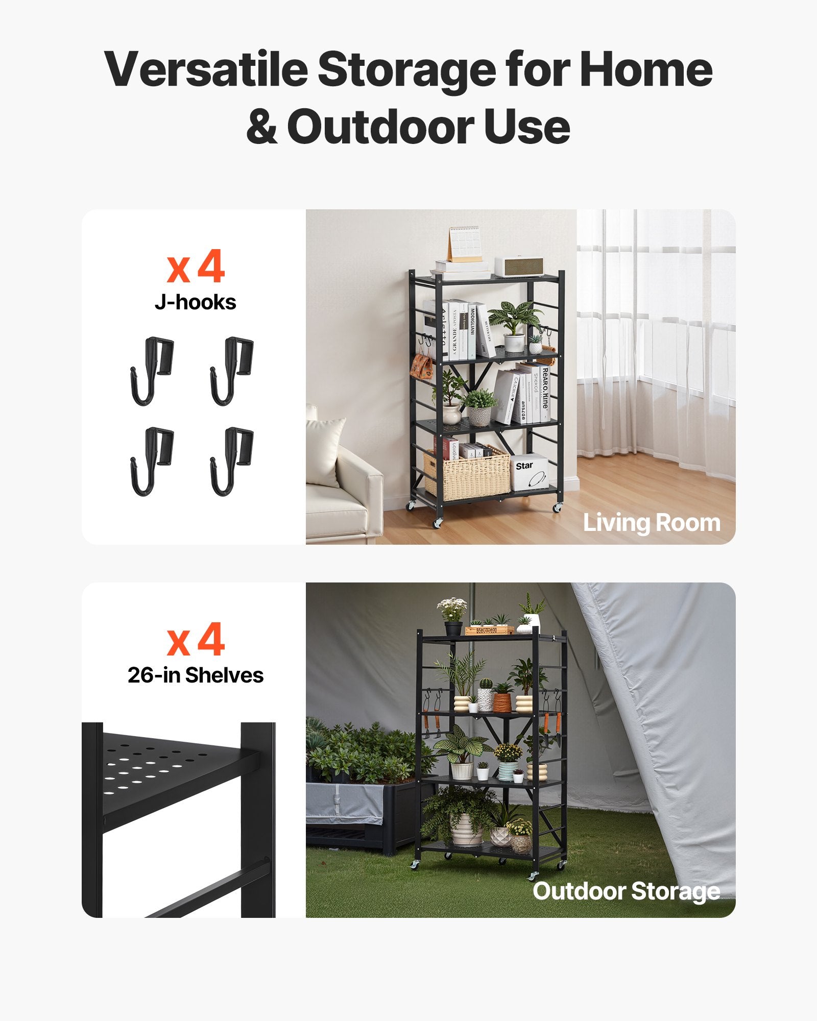 4-Tier Foldable Storage Shelf with Wheels, 66 cm W x 33 cm D x 117 cm H Folding Metal Rack Shelving Unit, No V952-YDKZDHJHS4C1GV6EX001V0