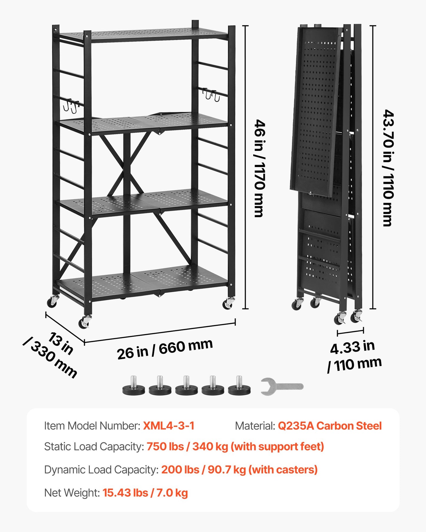 4-Tier Foldable Storage Shelf with Wheels, 66 cm W x 33 cm D x 117 cm H Folding Metal Rack Shelving Unit, No V952-YDKZDHJHS4C1GV6EX001V0