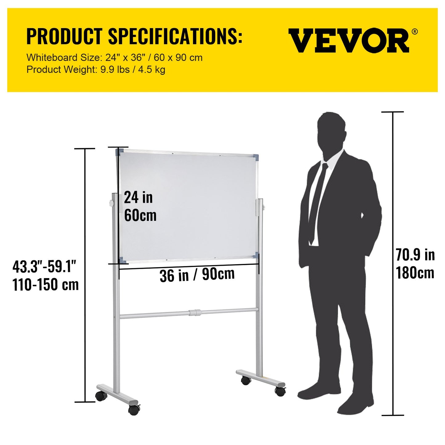 Mobile Dry Erase Board Magnetic Whiteboard w/ Stand 60 x 90cm Double Sided V952-YDSMBBB3624INEY10V0