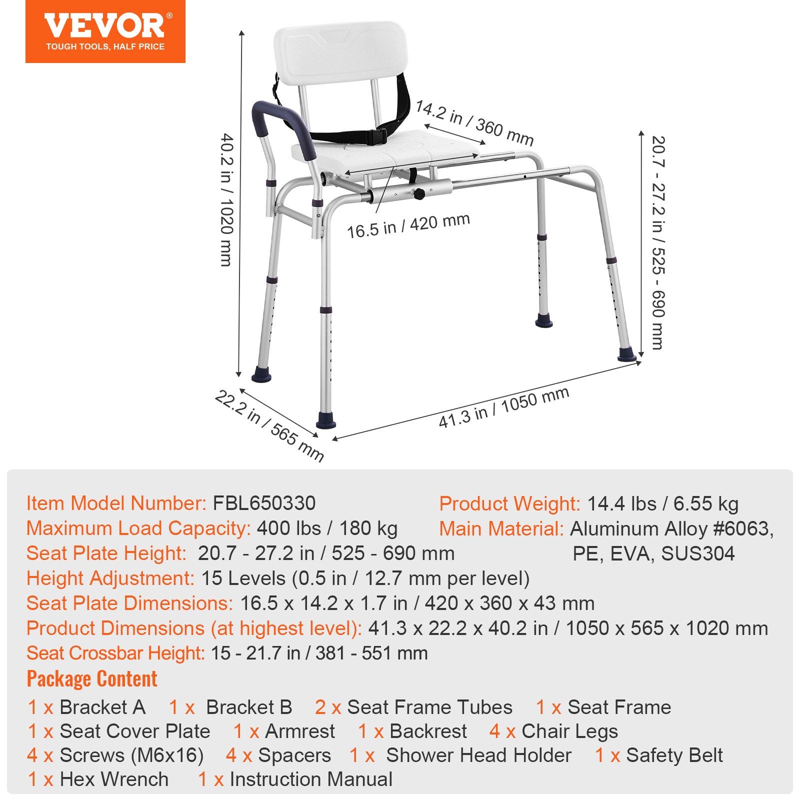 Sliding Tub Transfer Bench Shower Chair & Cut-Out Seat Reversible Backrest V952-YDSYGZYTLSLBHHUJMV0