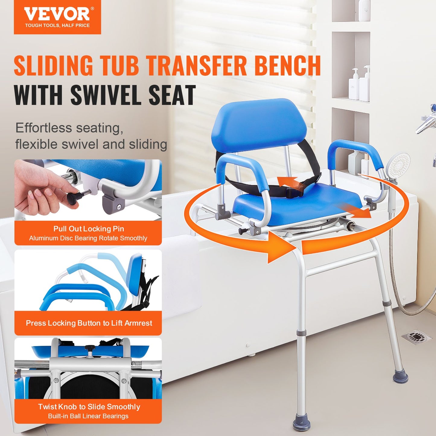 Sliding Tub Transfer Bench with 360 Degree Swivel Seat, Sliding Shower Chair with Pivoting Armrest & Padded V952-YDSYGZYTLSLK85WSBV0