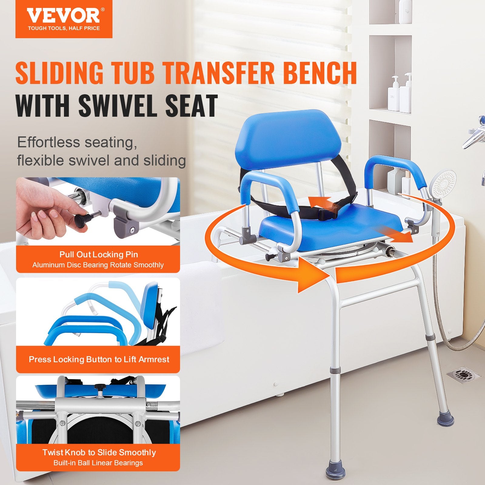 Sliding Tub Transfer Bench with 360 Degree Swivel Seat, Sliding Shower Chair with Pivoting Armrest & Padded V952-YDSYGZYTLSLK85WSBV0