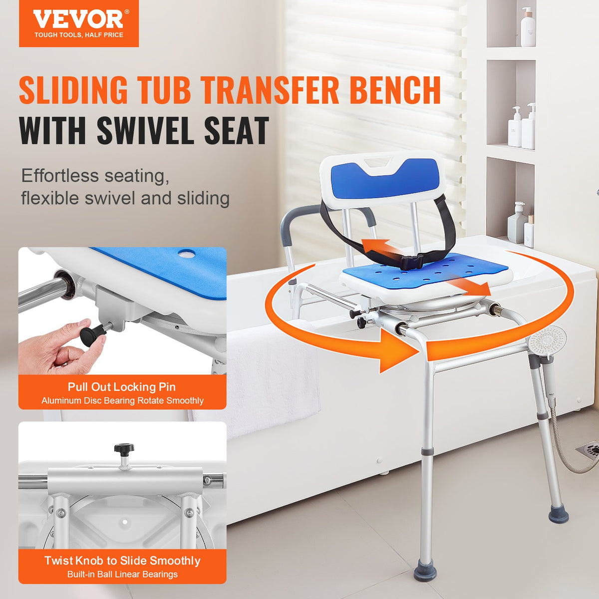 Sliding Tub Transfer Bench with 360 Degree Swivel Seat, Height Adjustable Bathtub Transfer Bench with Armrest V952-YDSYGZYTLSLKWI7XNV0